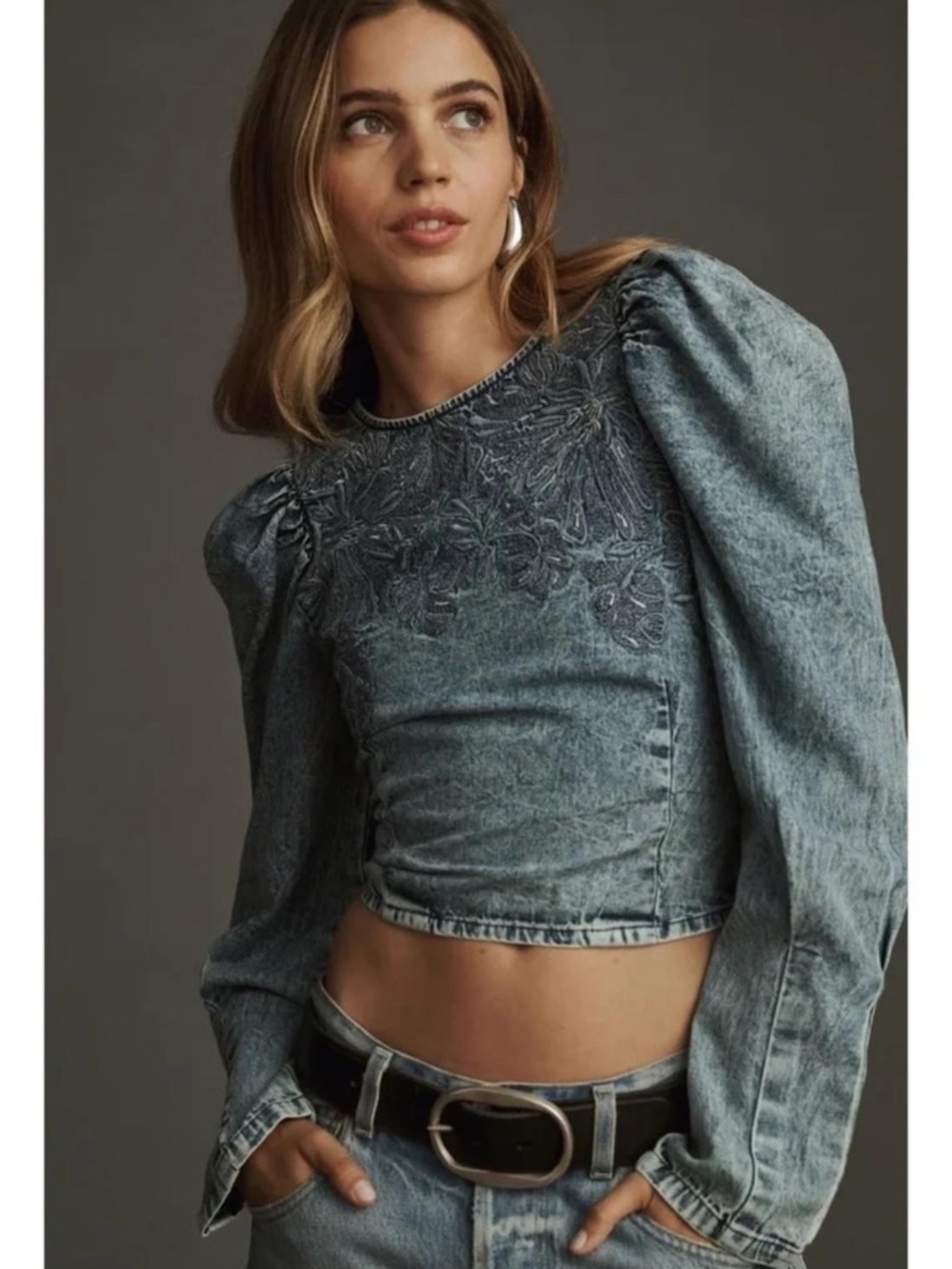 Pilcro Embroidered Puff Sleeve Denim Top
